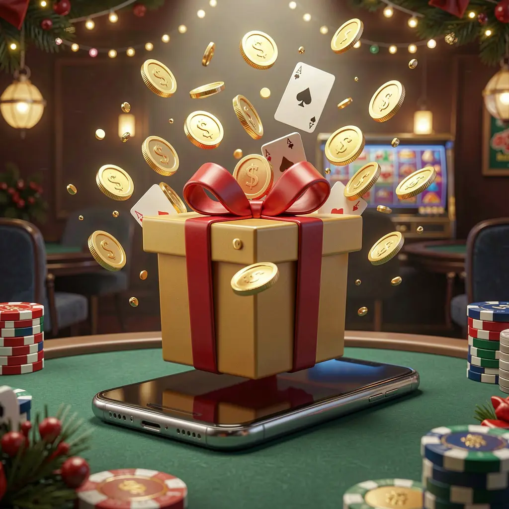 110NEX mobile casino bonus app concept showing a phone screen with a gift box and coins bursting out in a festive casino atmosphere
