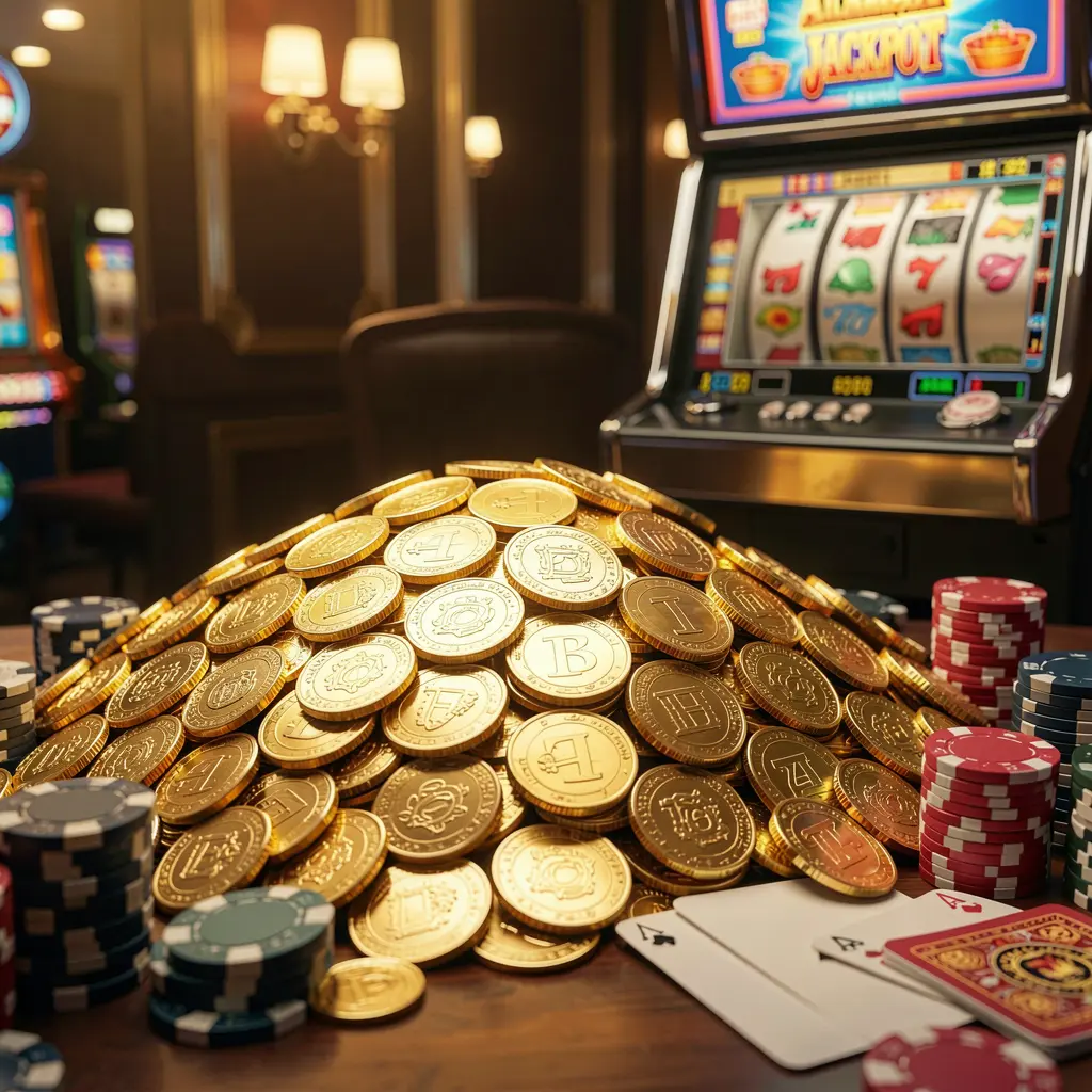 110NEX jackpot bonus scene featuring a huge pile of golden coins, a slot machine in the background, poker chips, and playing cards under cinematic luxury lighting
