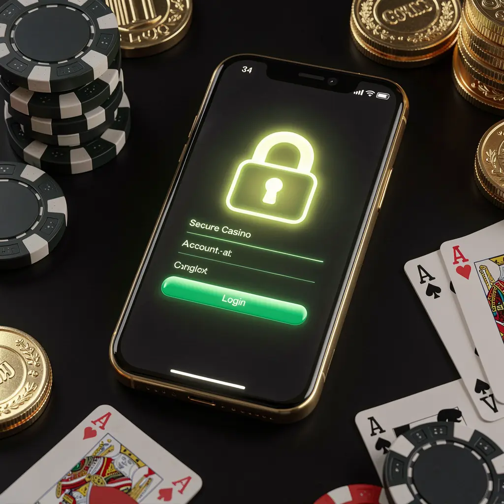 110NEX secure casino account login concept with glowing lock icon on smartphone screen surrounded by poker chips, playing cards, and golden coins on elegant black and gold background
