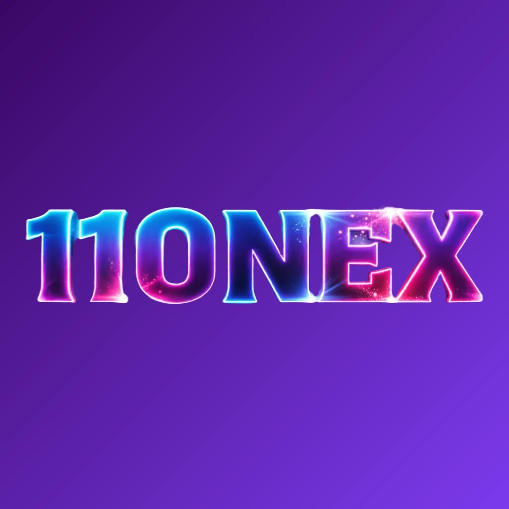 110NEX colorful gaming logo featuring extra bold block letters with electric blue, purple, and pink neon gradients and dynamic glowing effects on a transparent background, designed as a wide horizontal rectangular wordmark for a website header