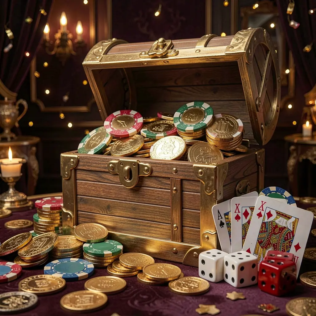 110NEX online casino welcome banner featuring a treasure chest filled with golden coins and casino chips, playing cards and dice nearby against a dark luxury background creating a festive premium atmosphere